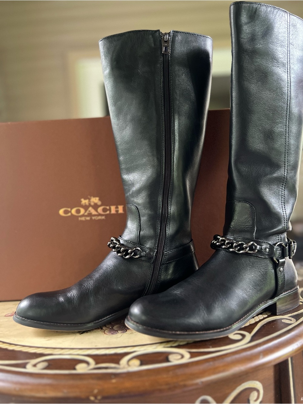 Coach Mabel Riding Black Leather Knee Boots with Chain Harness